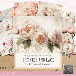 Peonies and Lace Wallpaper Junk Journal Papers - Vintage Peony Junk Journal Collage Pages - Digital Download - Crafting - Printable