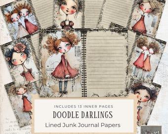 Whimsical Girls Junk Journal Pages, Doodle Darlings Junk Journal Papers - Coquette Junk Journal Digitals, Printable Pages,  Digital Download