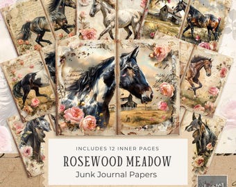 Rosewood Meadow Junk Journal Papers - Horse Junk Journal Digitals, Printable Pages Kit, Pink Roses, Digital Download, Vintage Crafting