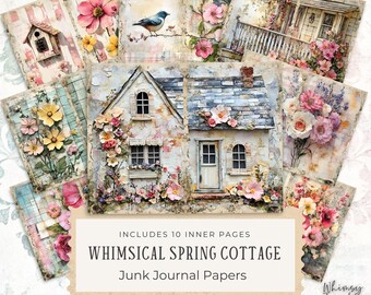 Whimsical Spring Cottage Printable Junk Journal Papers | 10 Digital Pages | Cottagecore Florals & Gingham | 11x8.5" Instant Download