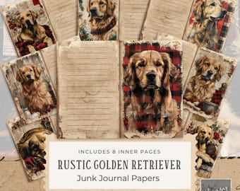 Stampa digitale per junk journal con Golden Retriever, stile rustico da fattoria, arte canina, materiali per lavori di carta