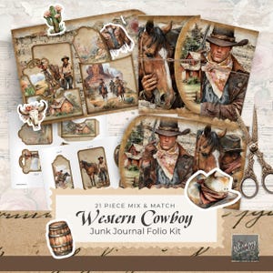 May include: A 21-piece Western cowboy junk journal folio kit featuring printed sheets with illustrations of cowboys, horses, desert landscapes, barns, cacti, and a skull. The kit includes decorative cutouts of a barrel and a cowboy hat.