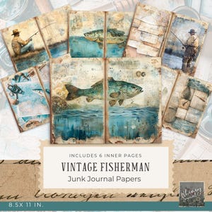 Vintage Fisherman Junk Journal - Fishing Junk Journal Digitals, voor mannen, Junk Journal afdrukbare pagina&#39;s Kit, digitale download, pdf, 300 dpi