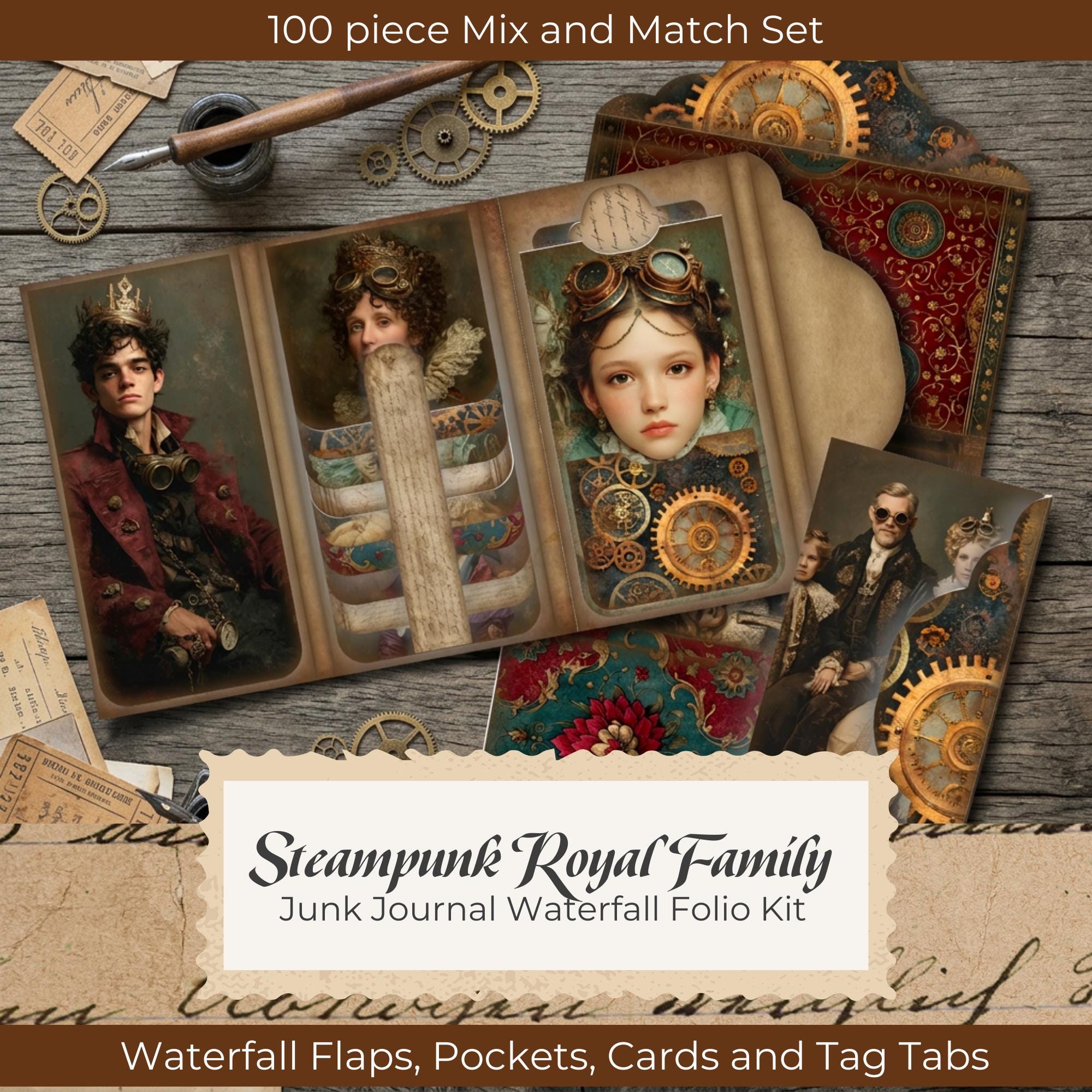 Steampunk Royal Family Junk Journal Folio Kit, Waterfall Folio, Junk ...