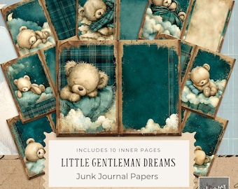 Little Gentleman Dreams Junk Journal Pages, Plaid Bear Baby Shower Digital Scrapbook Kit, Printable Crafting Paper for Scrapbooking