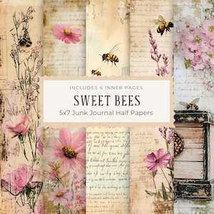 Puede incluir: Un collage de seis medias páginas de diario basura de 12,7 x 17,8 cm con una estética vintage. El diseño presenta abejas, flores rosas y escritura manuscrita sobre un fondo beige. El texto dice "SWEET BEES".