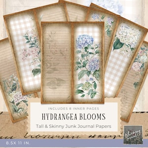Hydrangea Blooms Tall And Skinny Junk Journal Printable - Purple Junk Journal Digitals, Printable Page Kit, Vintage Digital Download, 300dpi