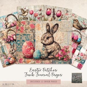 Papeles de diario basura con parches de Pascua - Páginas de collage de diario basura con conejitos de primavera - Descarga digital - Perfecto para manualidades - Imprimible DIY