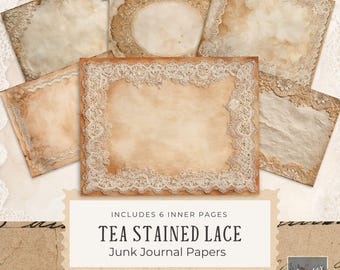 Tea Stained Lace Junk Journal Pages, Digital Paper, Vintage Filler Papers, Printable Crafting Paper for Scrapbooking