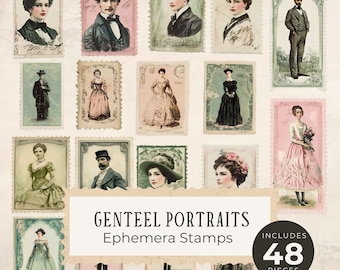 Sellos efímeros de retratos de Genteel, descarga digital - Álbum de recortes digital - Efímera de diario basura de retratos vintage - Descarga instantánea imprimible