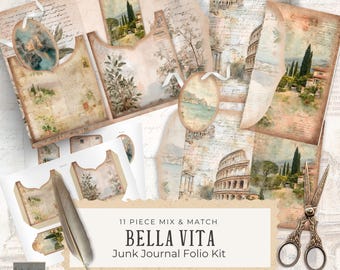 Kit de diario basura Bella Vita, folio imprimible de Italia, materiales vintage para manualidades, descarga digital para diario