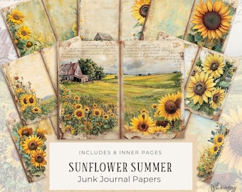Sunflower Junk Journal Kit - Papers - Rustic Summer Themed Junk Journal Digitals, Printable Pages Kit, Digital Download, Crafting, PDF
