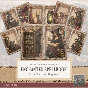 May include: A collection of vintage-style junk journal papers. The papers feature illustrations of witches, spellbooks, candles, and potion bottles. The text on the papers reads "ENCHANTED SPELLBOOK" and "Junk Journal Papers". The papers measure 8.5 x 11 inches.