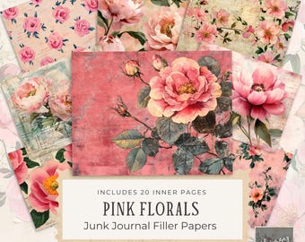 Pink Floral Junk Journal afdrukbare, Floral Junk Journal afdrukbare JPG's - Flower Junk Journal Digitals, afdrukbare pagina's, digitale download