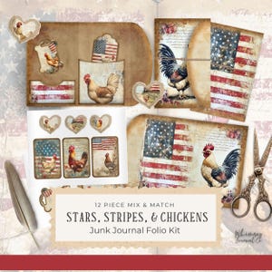 Stars, Stripes, and Chickens Folio Kit - 4th of July Junk Journal Folio Kit, Printable, Vintage Crafting Supplies, Digital Download