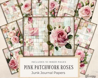 Pink Roses Flowers Junk Journal Pages - Pink Rose Patchwork Junk Journal, Printable Kit, Digital Download, Crafting Supplies, Journal Pages