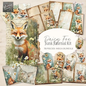 May include: A collection of vintage-style paper ephemera featuring a fox and floral theme. The "Daisy Fox Junk Journal Kit" includes tags, journal pages, and embellishments. The colour palette includes warm tones of orange, brown, and cream, with accents of green and white.
