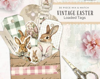 Vintage Easter Loaded Pocket Tags - Easter Bunny Loaded Tags, Printable, Vintage Crafting Supplies, Digital Download for Journaling