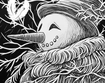 May include: A black and white illustration of a snowman wearing a top hat and a scarf. The snowman is surrounded by branches.