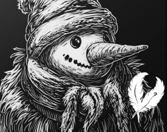 May include: A black and white illustration of a snowman wearing a hat and scarf, holding a white feather in its hand.