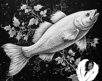 botanical fish png file for slate laser engraving, glowforge file, lightburn png, slate coaster drawing, for cnc router, fishing laser png