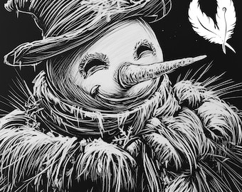 May include: A black and white illustration of a snowman wearing a hat and scarf. The snowman is smiling and has a long nose. The background is black with snowflakes.