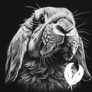 Puede incluir: Un dibujo en blanco y negro de un conejo con grandes orejas caídas. El conejo está mirando directamente al espectador con una expresión curiosa. El dibujo está hecho en un estilo realista, con pelo y bigotes detallados.