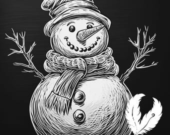 May include: A black and white illustration of a snowman with a hat, scarf, and twig arms. The snowman has a carrot nose and a smiling mouth. A feather is in the lower right corner. The image is a winter holiday theme.