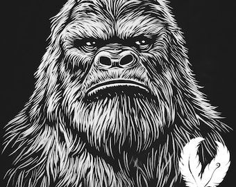 May include: Black and white illustration of a Bigfoot with a feather in the corner. The Bigfoot has a serious expression and is looking directly at the viewer.