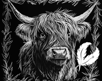 highland cow png file for slate laser engraving, glowforge file, lightburn png, slate coaster drawing, for cnc router, cow laser png