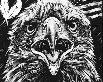 Puede incluir: Una ilustración en blanco y negro de un águila calva con una expresión feroz. El pico del águila está abierto y sus ojos están muy abiertos. El fondo es una superficie oscura y texturizada con una imagen tenue de una bandera estadounidense.
