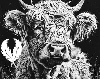 highland cow png file for slate laser engraving, glowforge file, lightburn png, slate coaster drawing, for cnc router, illusion laser png