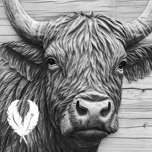 3d highland cow png file for laser engraving, glowforge file, lightburn png, 3d style laser drawing, for cnc router, 3d cow illusion png