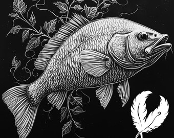 botanical fish png file for slate laser engraving, glowforge file, lightburn png, slate coaster drawing, for cnc router, fishing laser png