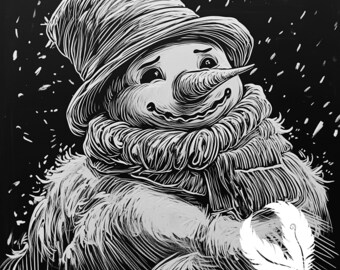 May include: A black and white illustration of a snowman wearing a top hat and scarf. The snowman is holding a white feather in its hand. The background is black with white snowflakes.
