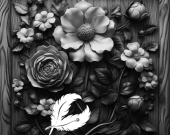 May include: A black and white framed image of a carved wooden floral design. The flowers are in various stages of bloom and are arranged in a symmetrical pattern. The image is set against a dark wood background.