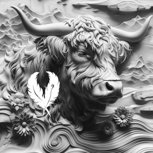 highland cow png file for laser engraving, glowforge file, lightburn png, 3d style laser drawing, for cnc router, illusion laser png