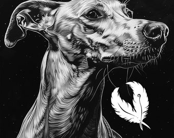 Op de afbeelding: Zwart-witte illustratie van een hondenkop met een gestileerd verenontwerp. De hond heeft een lange snuit en hangende oren.