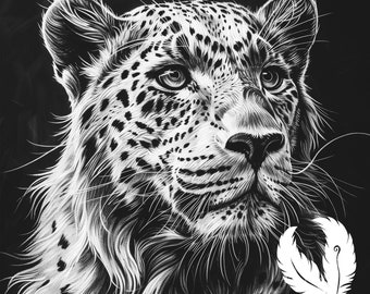 May include: A detailed black and white illustration of a leopard's face, with intricate fur and spot patterns. The artwork is a close-up of the animal's head, highlighting its eyes and whiskers. A white feather design is in the lower right corner.