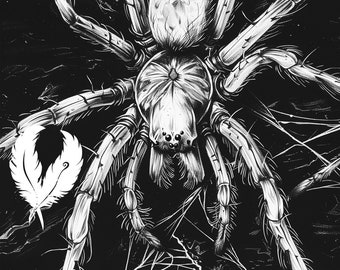 May include: Black and white illustration of a spider with long legs and a hairy body. The spider is in the center of the image and is facing the viewer. The spider is surrounded by a web.