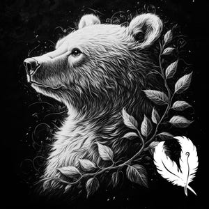 May include: A black and white illustration of a bear's head in profile, with detailed fur and a focused gaze. A leafy vine with delicate leaves and a feather design are on the right side of the bear's head, set against a dark background.