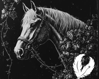 Puede incluir: Una ilustración en blanco y negro de la cabeza de un caballo con una brida, sobre un fondo de hojas. Una sola pluma blanca se encuentra en la esquina inferior derecha.