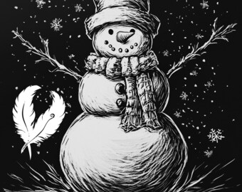 May include: A black and white illustration of a snowman with a hat, scarf, and twig arms. Snowflakes fall around the snowman, and a feather is on the left side. The snowman has a carrot nose and coal eyes and mouth.