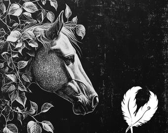 Puede incluir: Una ilustración en blanco y negro de la cabeza de un caballo asomándose desde detrás de una rama frondosa. Una sola pluma blanca con contorno negro se encuentra en la esquina inferior derecha de la imagen.