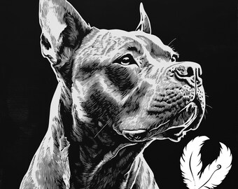 Op de afbeelding: Zwart-witte lijntekening van een pit bull-hond met zijn hoofd gekanteld en naar rechts kijkend. Een enkele witte veer met een swirl-ontwerp bevindt zich in de rechterbenedenhoek van de afbeelding.