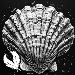 Puede incluir: Una ilustración en blanco y negro de una concha grande con una pluma blanca sobre un fondo negro.