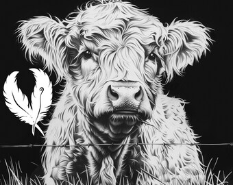 highland cow png file for slate laser engraving, glowforge file, lightburn png, slate coaster drawing, for cnc router, cow laser png