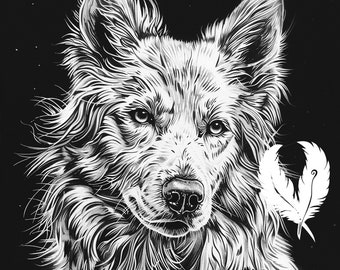 May include: Black and white line art drawing of a wolf's head with a single white feather behind it. The wolf has a serious expression and its fur is detailed with fine lines.