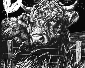 highland cow png file for slate laser engraving, glowforge file, lightburn png, slate coaster drawing, for cnc router, cow laser png