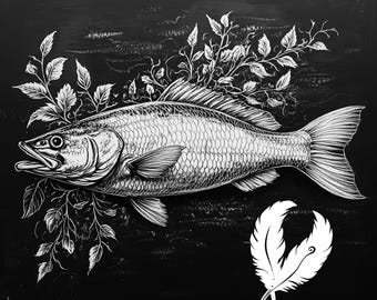 botanical fish png file for slate laser engraving, glowforge file, lightburn png, slate coaster drawing, for cnc router, fishing laser png